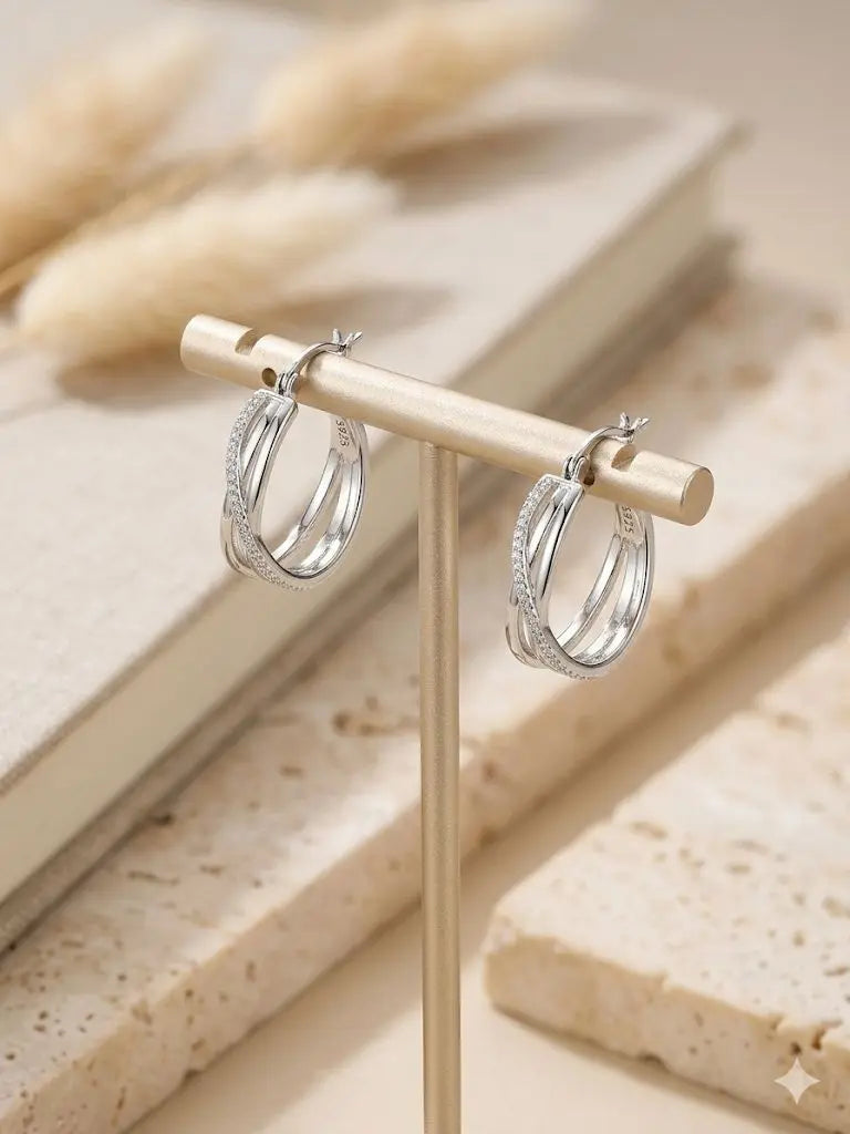 AAA+ Certified Quality, Pair of Crossed Double Ring Earrings, Quality: Silver-925, Weight: 3.4gm. CJABC-JZ385